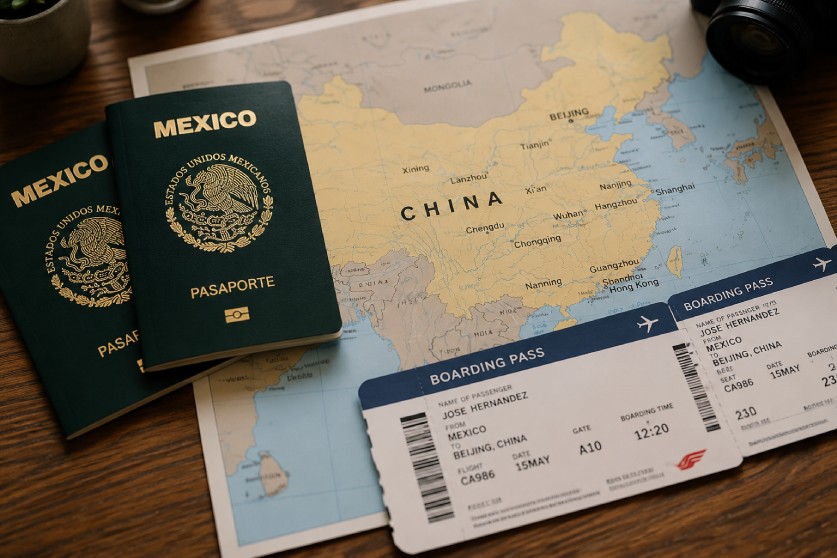 mesa con un mapa de china co pasaportes mexicanos